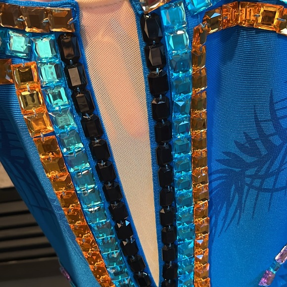 Blue Multicolor Mesh V Neck Embellished Beaded Bandage Bodycon Mini Dress - Picture 9 of 11